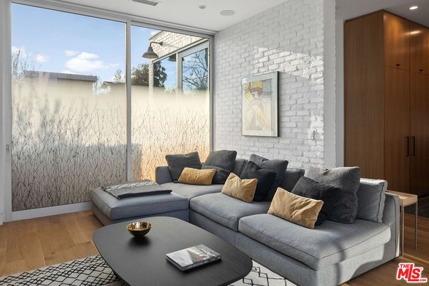 Interior, Living room, Recessed Lighting, Stone Walls, Wood Texture Flooring