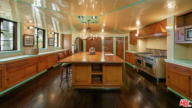 Chandelier, Interior, Kitchen, Stainless Steel Appliances, Wood Texture Flooring
