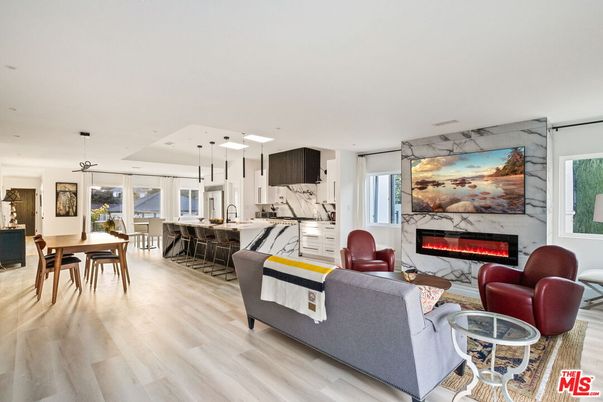 Dining room, Fireplace, Interior, Kitchen, Living room, Pendant Lights, Recessed Lighting, Wood Texture Flooring