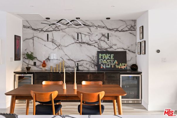 Dining room, Interior, Marble Walls, Wood Texture Flooring