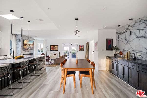 Dining room, Interior, Kitchen, Marble Walls, Pendant Lights, Recessed Lighting, Wood Texture Flooring