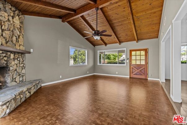 Empty room, Fireplace, Interior, Stone Walls, Wooden Beams, Wooden Ceilings, Wood Texture Flooring