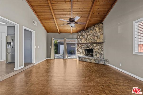 Empty room, Fireplace, Interior, Stone Walls, Wooden Beams, Wooden Ceilings, Wood Texture Flooring