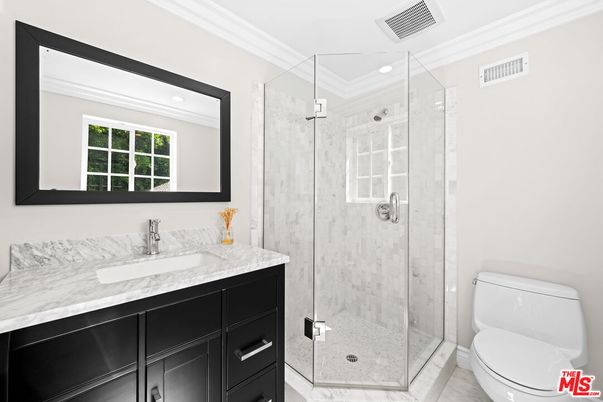 Bathroom, Glass Shower, Interior, Marble Walls, Recessed Lighting