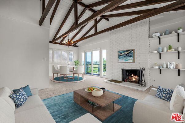 Chandelier, Dining room, Fireplace, Interior, Living room, Stone Walls, Wooden Beams
