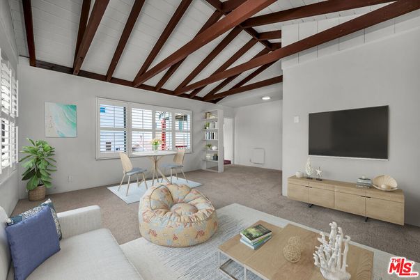 Dining room, Interior, Living room, Recessed Lighting, Wooden Beams
