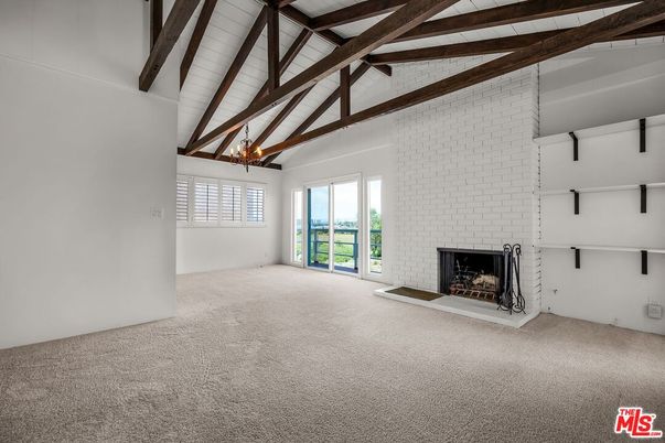 Chandelier, Empty room, Fireplace, Interior, Stone Walls, Wooden Beams