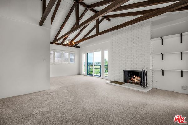 Chandelier, Empty room, Fireplace, Interior, Pendant Lights, Wooden Beams