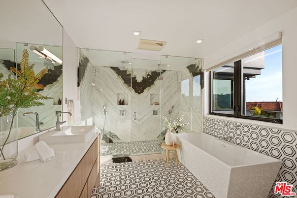 Bathroom, Glass Shower, Interior, Marble Walls, Recessed Lighting