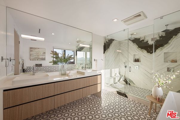 Bathroom, Dual Sink Vanities, Glass Shower, Interior, Marble Walls, Recessed Lighting