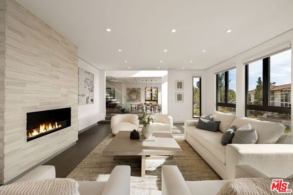 Dining room, Fireplace, Interior, Living room, Pendant Lights, Recessed Lighting, Stone Walls, Wood Texture Flooring