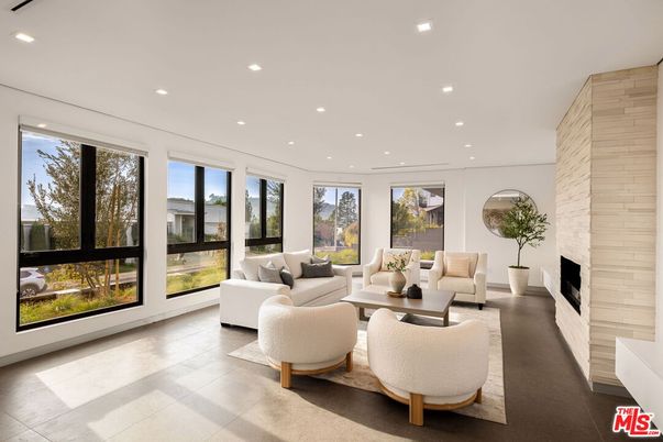 Fireplace, Interior, Living room, Recessed Lighting, Stone Walls