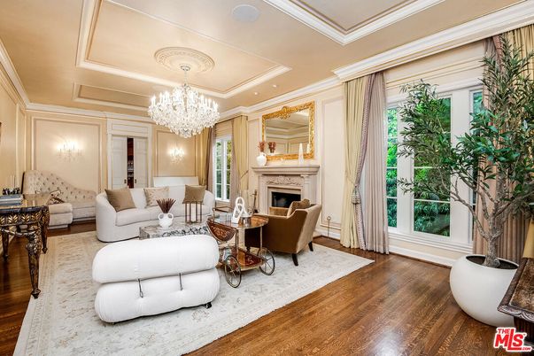Chandelier, Fireplace, Interior, Living room, Recessed Lighting, Wood Texture Flooring