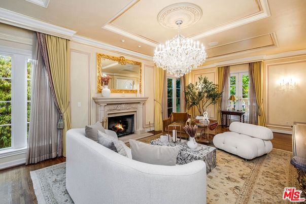 Chandelier, Fireplace, Interior, Living room, Recessed Lighting, Wood Texture Flooring