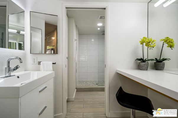 Bathroom, Glass Shower, Interior, Recessed Lighting, Wood Texture Flooring