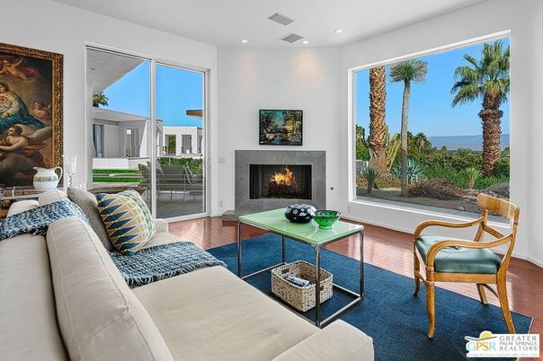 Fireplace, Interior, Living room, Recessed Lighting, Water, Wood Texture Flooring