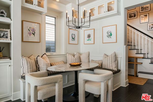 Dining room, Interior, Pendant Lights, Recessed Lighting, Wood Texture Flooring