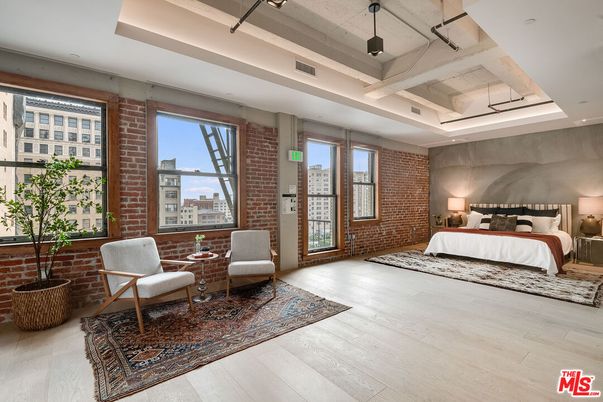 Bedroom, Interior, Recessed Lighting, Stone Walls, Wood Texture Flooring
