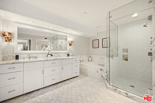 Bathroom, Dual Sink Vanities, Glass Shower, Interior, Marble Walls, Recessed Lighting