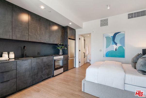 Bedroom, Interior, Kitchen, Recessed Lighting, Stainless Steel Appliances, Wood Texture Flooring