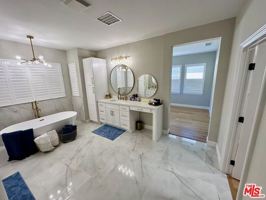 Bathroom, Dual Sink Vanities, Free Standing Baths, Interior, Marble, Pendant Lights