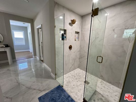 Bathroom, Glass Shower, Interior, Marble, Marble Walls, Recessed Lighting