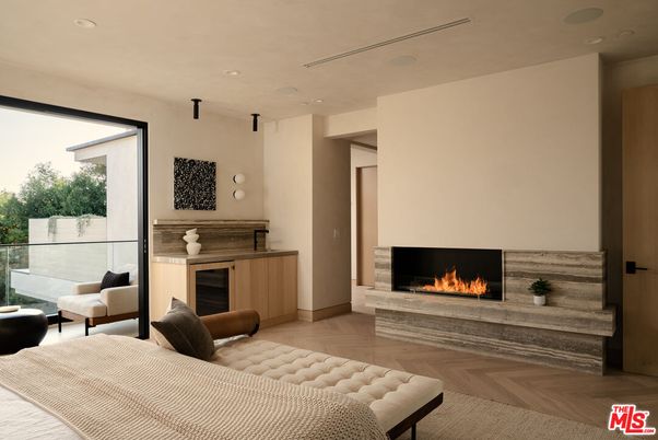Bedroom, Fireplace, Interior, Recessed Lighting, Wood Texture Flooring