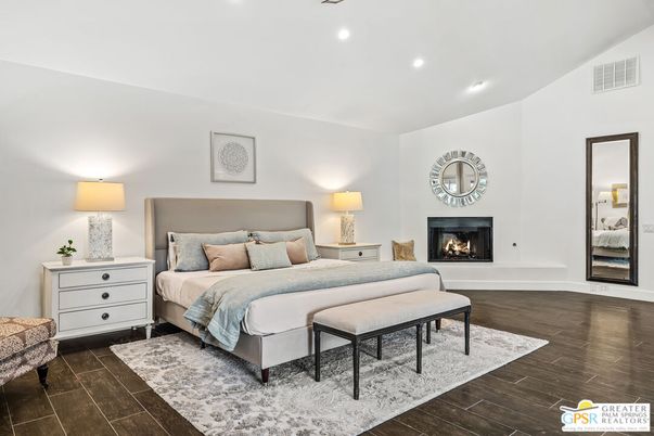Bedroom, Fireplace, Interior, Recessed Lighting, Wood Texture Flooring