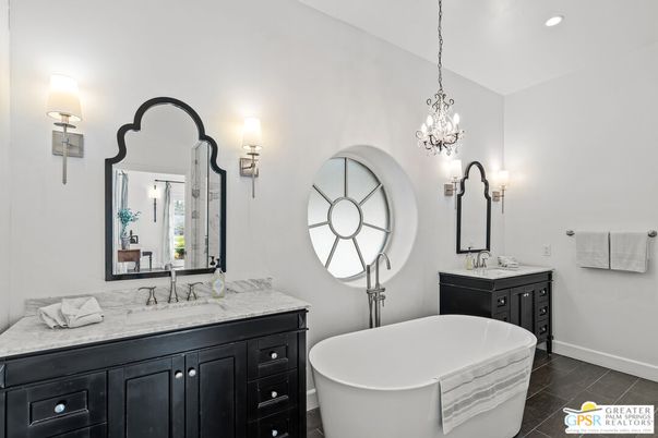Bathroom, Chandelier, Dual Sink Vanities, Free Standing Baths, Interior, Pendant Lights, Recessed Lighting
