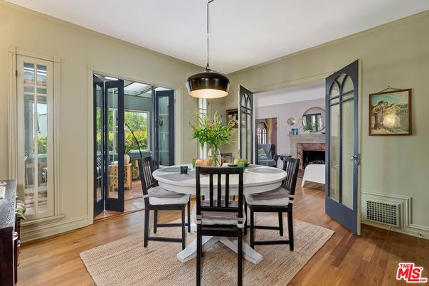 Dining room, Fireplace, Interior, Pendant Lights, Wood Texture Flooring
