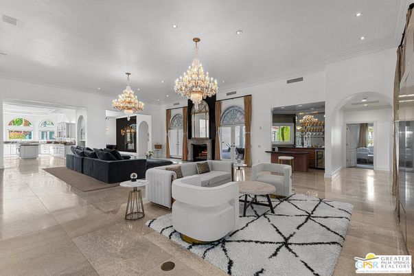Chandelier, Fireplace, Interior, Living room, Recessed Lighting