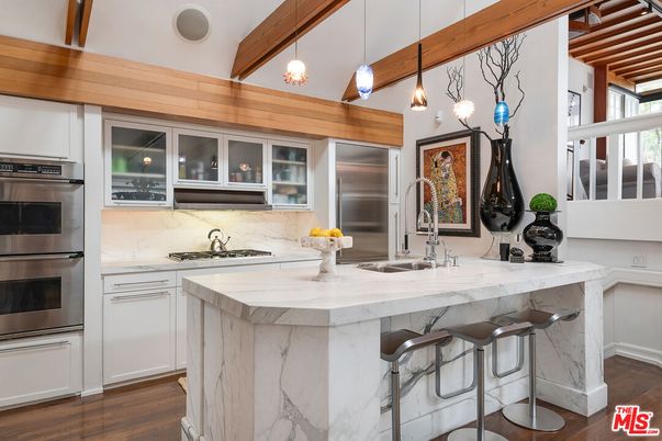 Interior, Kitchen, Pendant Lights, Stainless Steel Appliances, Wooden Beams, Wood Texture Flooring