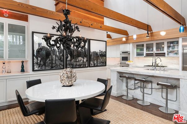 Chandelier, Dining room, Interior, Kitchen, Pendant Lights, Stainless Steel Appliances, Wooden Beams, Wood Texture Flooring