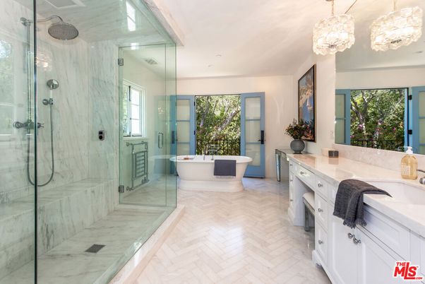 Bathroom, Dual Sink Vanities, Free Standing Baths, Glass Shower, Interior, Marble Walls, Pendant Lights, Recessed Lighting
