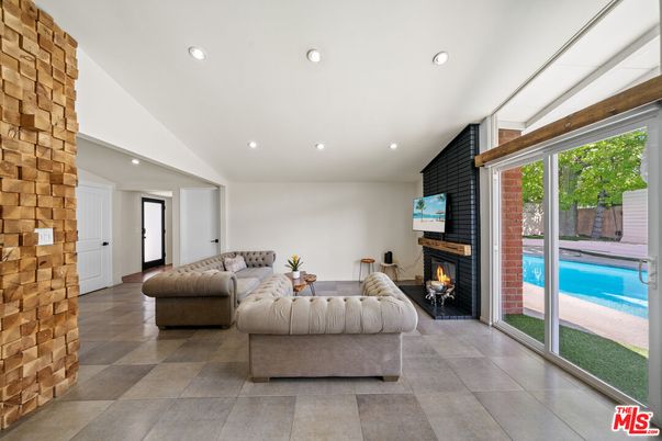 Fireplace, Interior, Living room, Recessed Lighting, Stone Walls