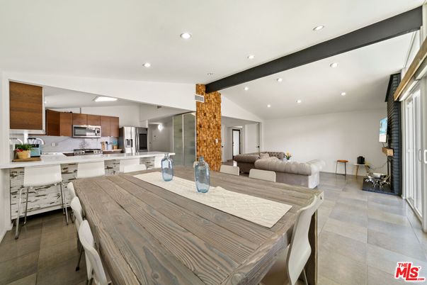Dining room, Interior, Kitchen, Living room, Recessed Lighting, Stainless Steel Appliances, Wooden Beams