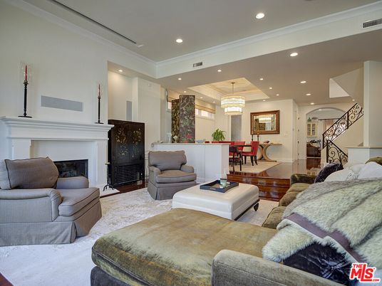 Chandelier, Dining room, Fireplace, Interior, Living room, Recessed Lighting, Wood Texture Flooring