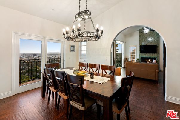 Chandelier, Dining room, Fireplace, Interior, Living room, Wood Texture Flooring