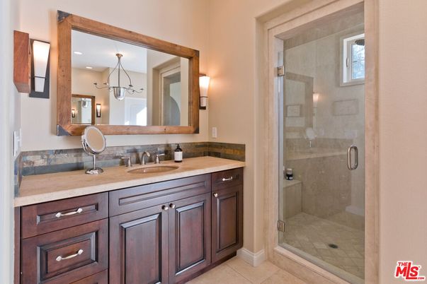 Bathroom, Dual Sink Vanities, Glass Shower, Interior, Pendant Lights, Recessed Lighting