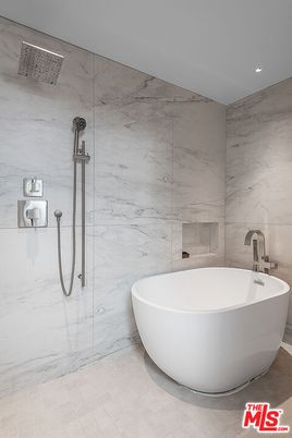 Bathroom, Free Standing Baths, Glass Shower, Interior, Marble Walls, Recessed Lighting