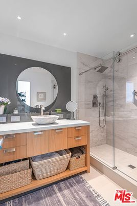 Bathroom, Dual Sink Vanities, Glass Shower, Interior, Marble Walls, Recessed Lighting