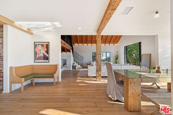 Dining room, Fireplace, Interior, Living room, Recessed Lighting, Wooden Beams, Wood Texture Flooring