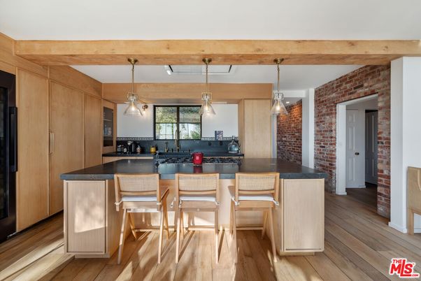 Interior, Kitchen, Pendant Lights, Stone Walls, Wooden Beams, Wood Texture Flooring