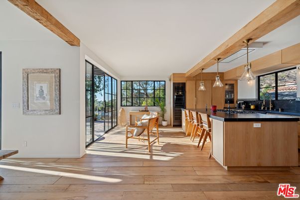 Dining room, Interior, Kitchen, Pendant Lights, Wooden Beams, Wood Texture Flooring