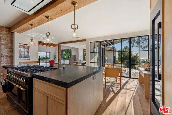 Dining room, Interior, Kitchen, Pendant Lights, Stone Walls, Wooden Beams, Wood Texture Flooring