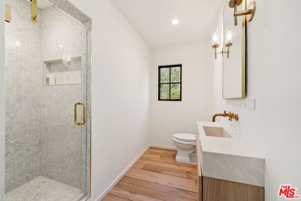 Bathroom, Glass Shower, Interior, Recessed Lighting, Wood Texture Flooring
