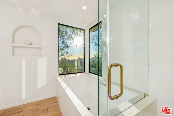 Bathroom, Glass Shower, Interior, Recessed Lighting, Wood Texture Flooring