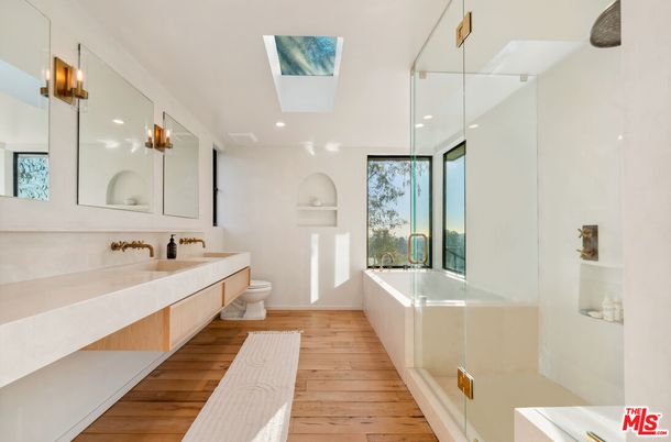 Bathroom, Dual Sink Vanities, Interior, Recessed Lighting, Wood Texture Flooring