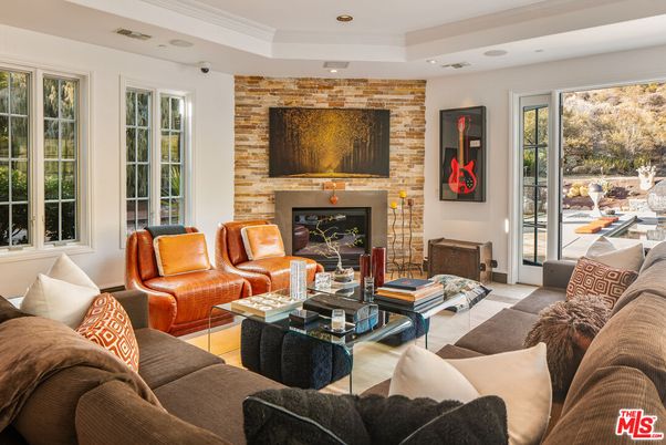 Fireplace, Interior, Living room, Recessed Lighting, Stone Walls