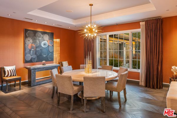 Dining room, Interior, Pendant Lights, Recessed Lighting, Wood Texture Flooring